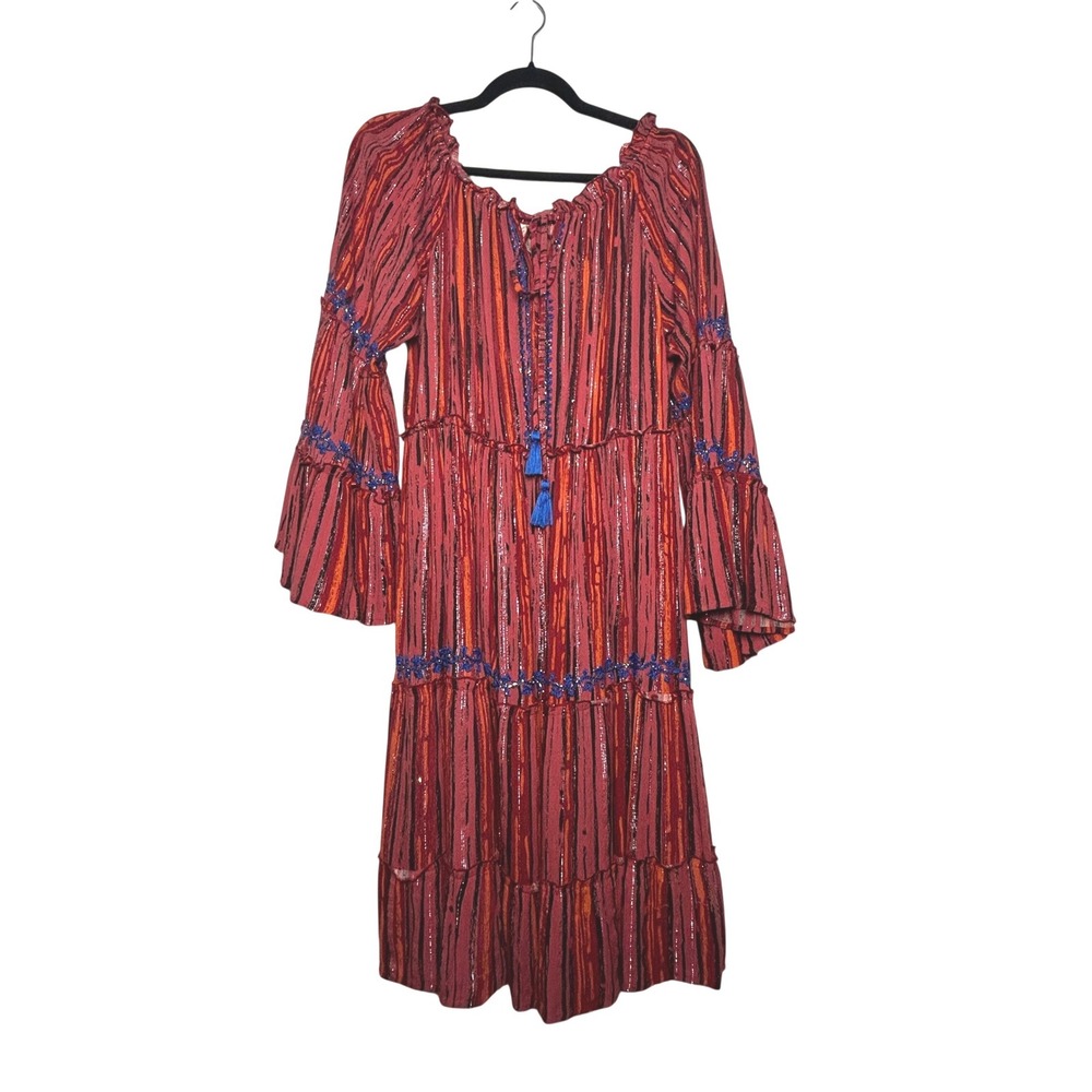 Raga Red Striped Lurex Boho Tiered Midi Dress Bell Sleeve Tassel Size L R4410